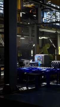 Inside a bustling factory, advanced machines and tools are arranged on sturdy tables. Sunlight streams through large windows, illuminating a scene of hard work and innovation.