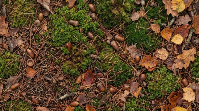 Forest floor with moss acorns and autumn leaves.