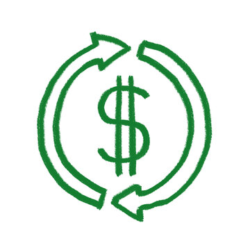 Green chalk-drawn dollar sign encircled by two opposing arrows on white background