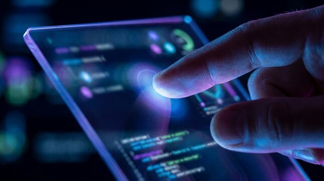 Close up of finger interacting with futuristic transparent digital display showing advanced programming code and cybernetic interface for modern software development themes
