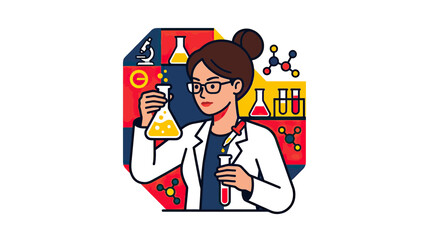 Fototapeta premium Female scientist in lab coat with chemical experiments