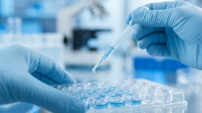 Macro view of scientist hands wearing blue sterile gloves using plastic pipette to transfer light blue liquid drops into testing microplate