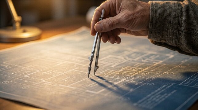 Close up of professional architect hand using metal drafting compass on blue architectural plans under warm desk lamp lighting for building design