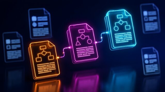Digital process flowchart concept featuring interconnected glowing neon document icons representing algorithmic sequence and system architecture planning