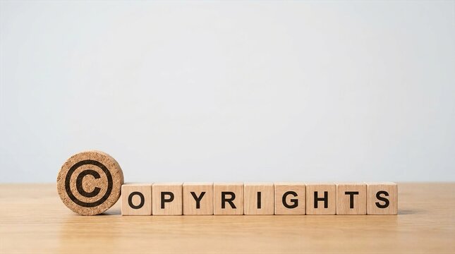 Wooden blocks spelling copyrights with round cork block featuring copyright symbol on wooden desk representing intellectual property protection and legal rights