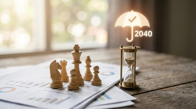 Retirement savings concept with chess pieces hourglass and glowing umbrella overlay featuring year 2040 and checkmark on financial charts