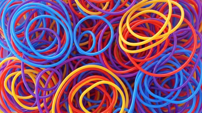 Close-up pile of colorful elastic rubber bands messy composition with colorful