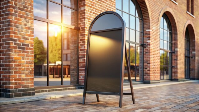 A blank arched black metal sign stands on a sidewalk outside a brick building with large storefront windows reflecting sunlight