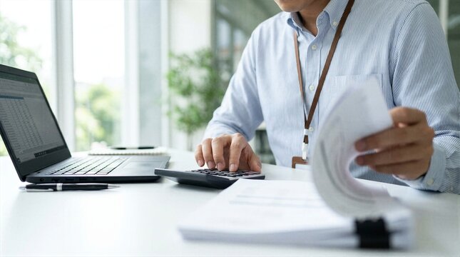 Professional accountant reviewing financial paperwork while typing on calculator next to laptop spreadsheet on white desk in bright corporate office