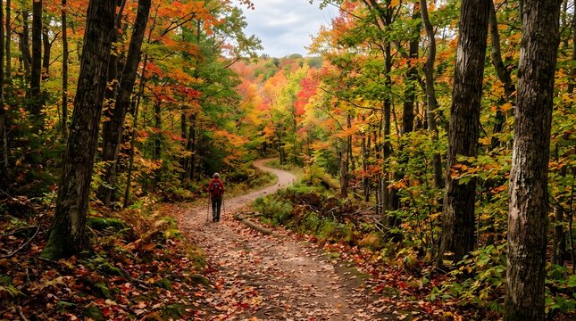 Autumn Forest Path: A solitary hiker meanders along a winding path through a vibrant forest ablaze with the fiery hues of autumn foliage, a picturesque scene of nature's seasonal transformation.