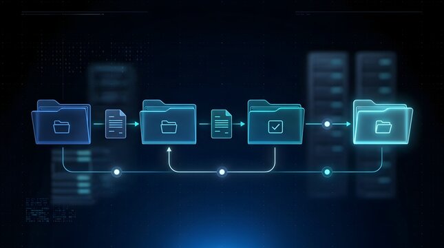 Iterative digital document review process showing electronic file approval loop and final verified folder storage