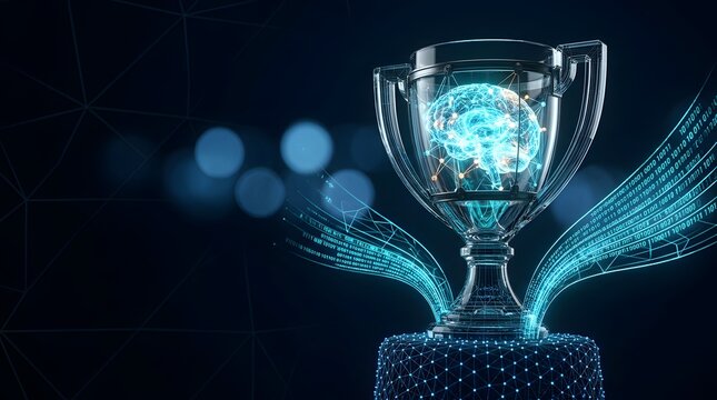 Artificial intelligence innovation award featuring a digital brain inside a glowing glass trophy with binary code data streams representing machine learning success