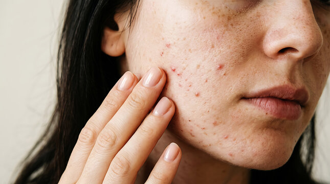 Woman touching her cheek with acne marks, close-up portrait face