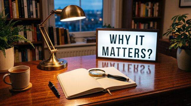Illuminated lightbox with 'why it matters?' question on a desk with open book and magnifying glass.