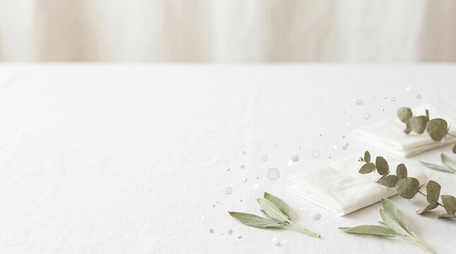 A light-colored table holds a white linen cloth with a few water droplets and a small bunch of eucalyptus leaves. The background is a soft, neutral tone, creating a serene and airy atmosphere.
