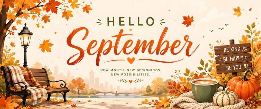 Hello September autumn season greeting with falling leaves