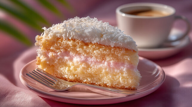 Coconut cream layer cake slice on plate with coffee breakfast culinary homemade