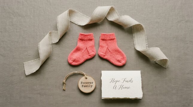 Soft pink knitted baby socks with a forever family wooden tag and hope finds a home message card placed on a neutral gray linen background for adoption or foster care themes. Creative flat lay photos.