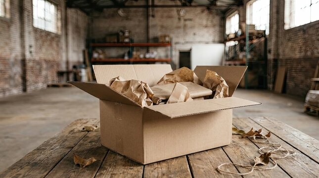 A cardboard box filled with crumpled brown packing paper sits on a weathered wooden table in a large, empty industrial space. The box is open, revealing the paper inside.
