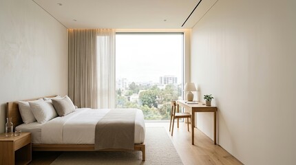 Fototapeta premium A serene bedroom features a bed with white linens and a wooden nightstand. A simple desk with a chair sits near a large window offering a view of a city skyline.
