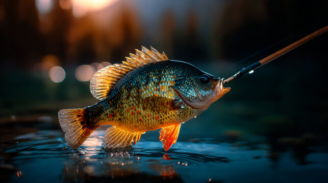 Freshwater perch fish caught on fishing hook at sunset with fishing rod, wildlife