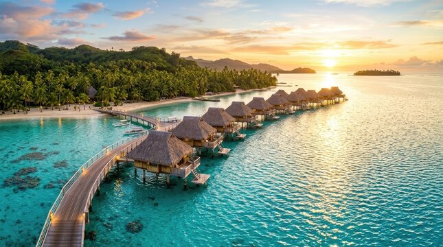 A stunning aerial view showcases a luxurious overwater bungalow resort in Bora Bora.