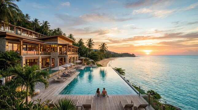 A couple relaxes by a luxurious infinity pool overlooking a tropical ocean at sunset.