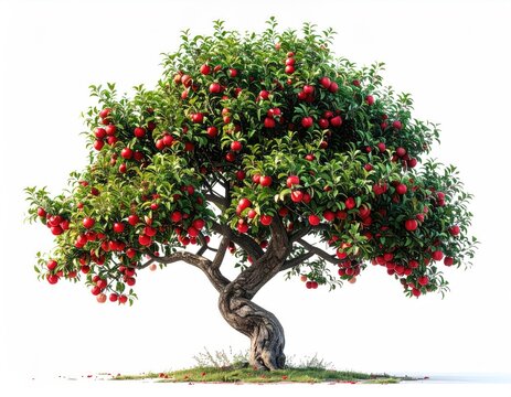 A mature, fruit-laden tree stands on a grassy mound, its branches heavy with red apples