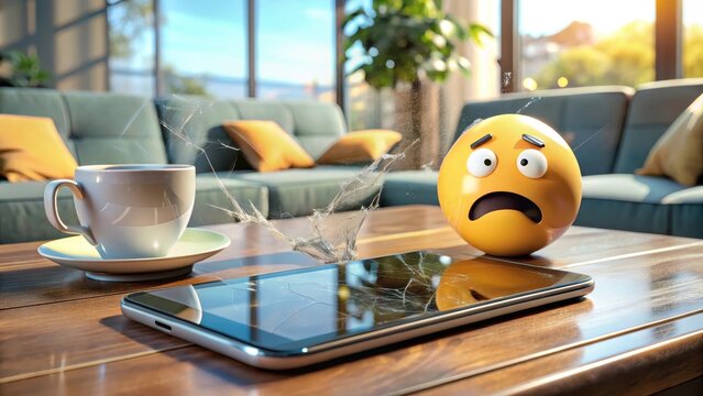 A digital disgust emoji clings to the cracked phone screen of a cluttered modern living rooms coffee table display