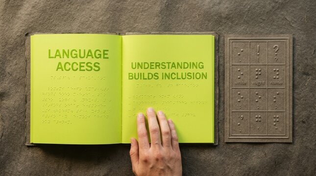 Hand touching a green braille book with text language access and understanding builds inclusion alongside a braille symbol chart on stone, representing education for the visually impaired person