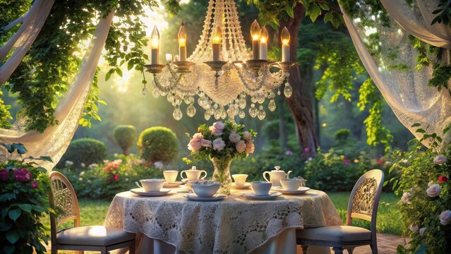 A delicate lace tablecloth unfurls beneath a whimsical chandelier amidst lush greenery at an exquisite al fresco afternoon tea setup