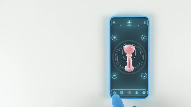 Smartphone with medical interface for recording symptoms of erectile dysfunction, prostatitis, and male infertility. Digital andrological prevention. White background.