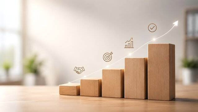Wooden block staircase with an upward glowing trend line and business milestone icons, representing steady financial growth and successful strategic progression.