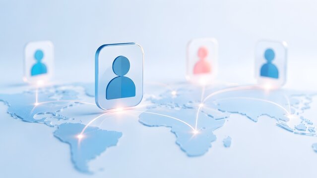 Translucent 3D user icons connected by glowing lines on light blue world map concept of digital networking and global communication