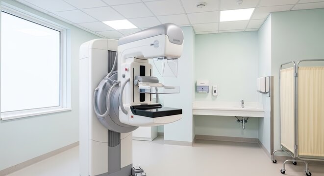 A medical professional operates a digital breast imaging machine in a clinical setting. The machine is positioned on a light-colored countertop, and a patient is likely undergoing a mammogram.