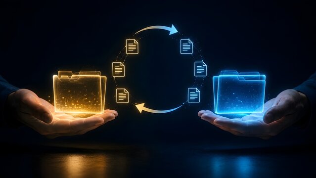 Hands holding glowing digital folders exchanging files in circular motion concept of secure peer to peer data sharing