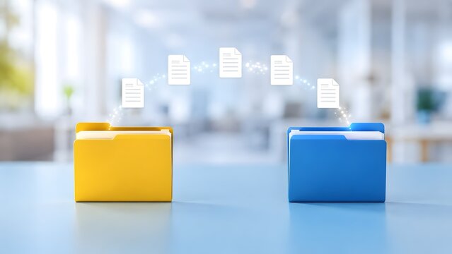Digital document files transferring between folders on office desk concept of business data migration and file sharing