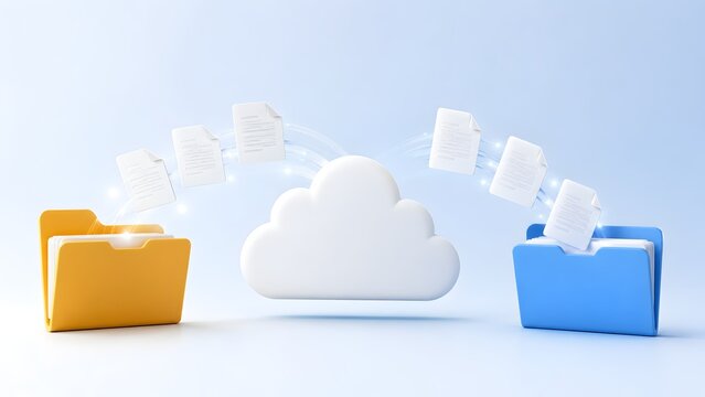 3D folders transferring document files through a white cloud concept of cloud computing backup and online data storage