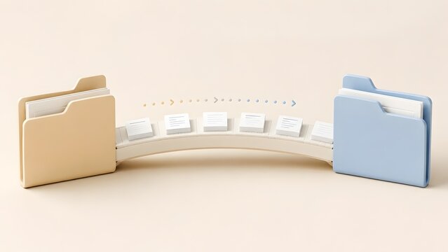 3D illustration of document files transferring between yellow and blue folders concept of data migration and file management