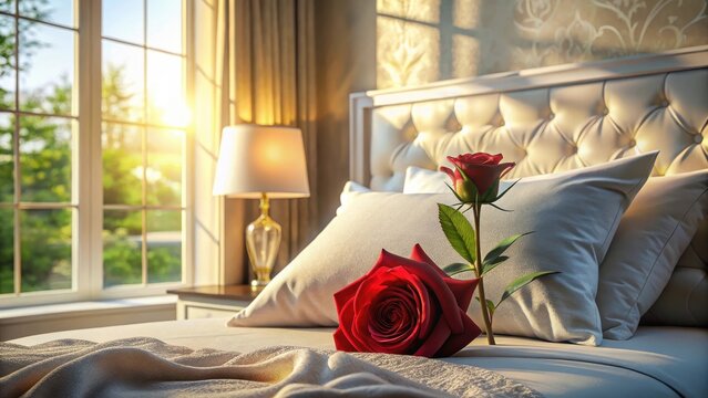 Soft morning light falls upon a serene bedroom sanctuary adorned with elegance featuring a plush white pillow and crimson rose