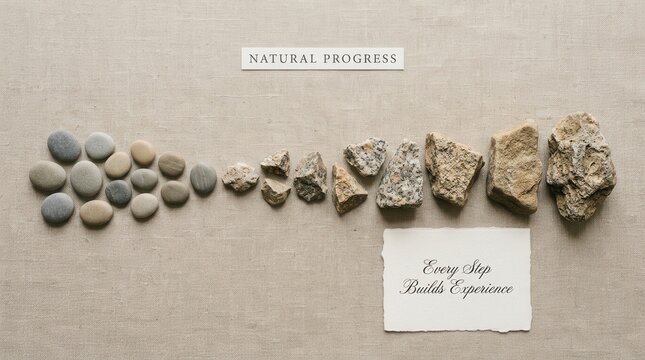 Natural progress sequence featuring smooth pebbles evolving into large rough stones on a textured canvas background, representing growth and experience through steps, ideal for conceptual business use