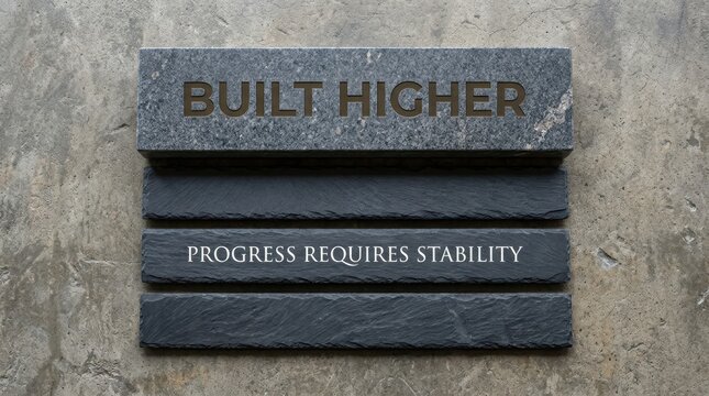 Motivational business quote engraved on dark granite slabs on concrete floor, showing words Built Higher and Progress Requires Stability, representing success, growth, and solid foundation