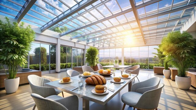 A modern breakfast office landscape unfolds beneath a radiant glass ceiling centered on a pristine white table spread
