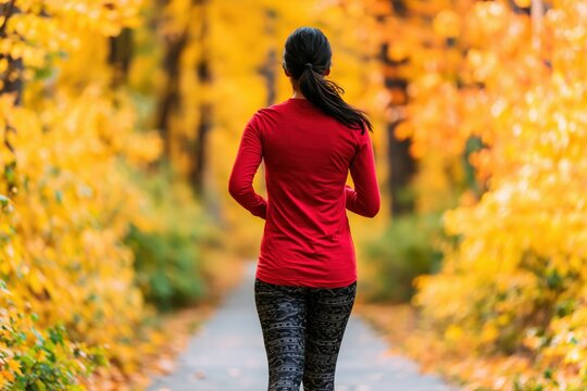 Woman running and jogging for fitness exercise outdoors in autumn forest with trees
