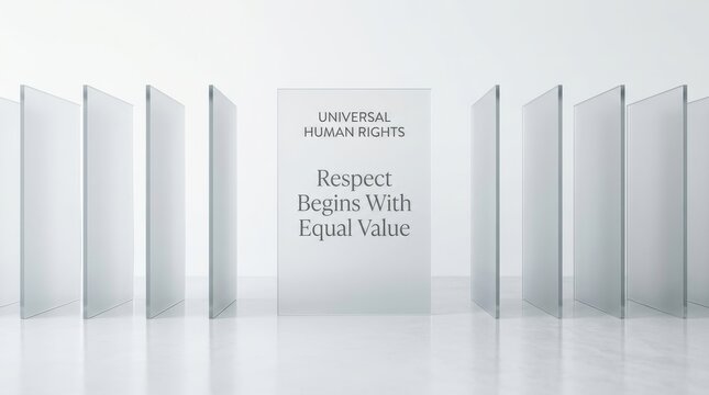 Minimalist glass panels in a bright white studio room with text about universal human rights and respect beginning with equal value, symbolizing social justice and global ethical standards for all.