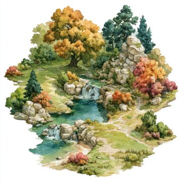 Scenic autumn landscape with waterfall and trees.