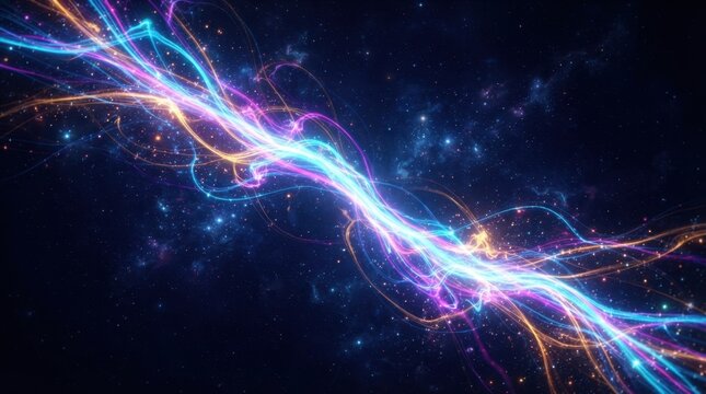 Abstract Cosmic Energy Stream, Neon Light Trails, Stars Background