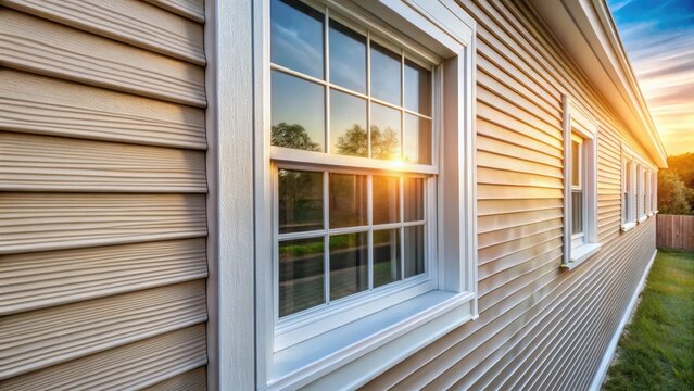 Soft sunlight highlights textured vinyl siding and crisp white window frames in closeup detail