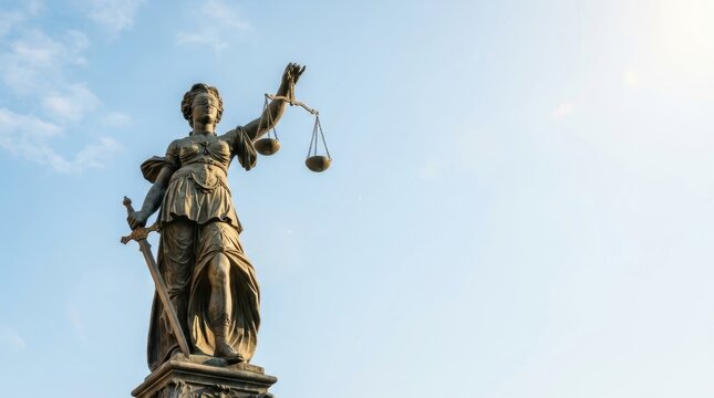 Bronze Lady Justice statue stands tall against a clear blue sky background, holding the scales and a sword while blindfolded, representing impartial law, legal fairness, and judicial