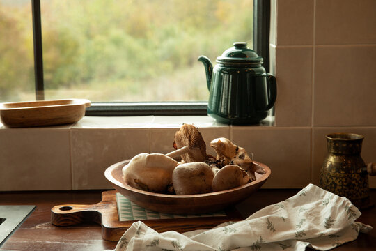 Fresh variety of mushrooms displayed in wooden bowl on kitchen counter